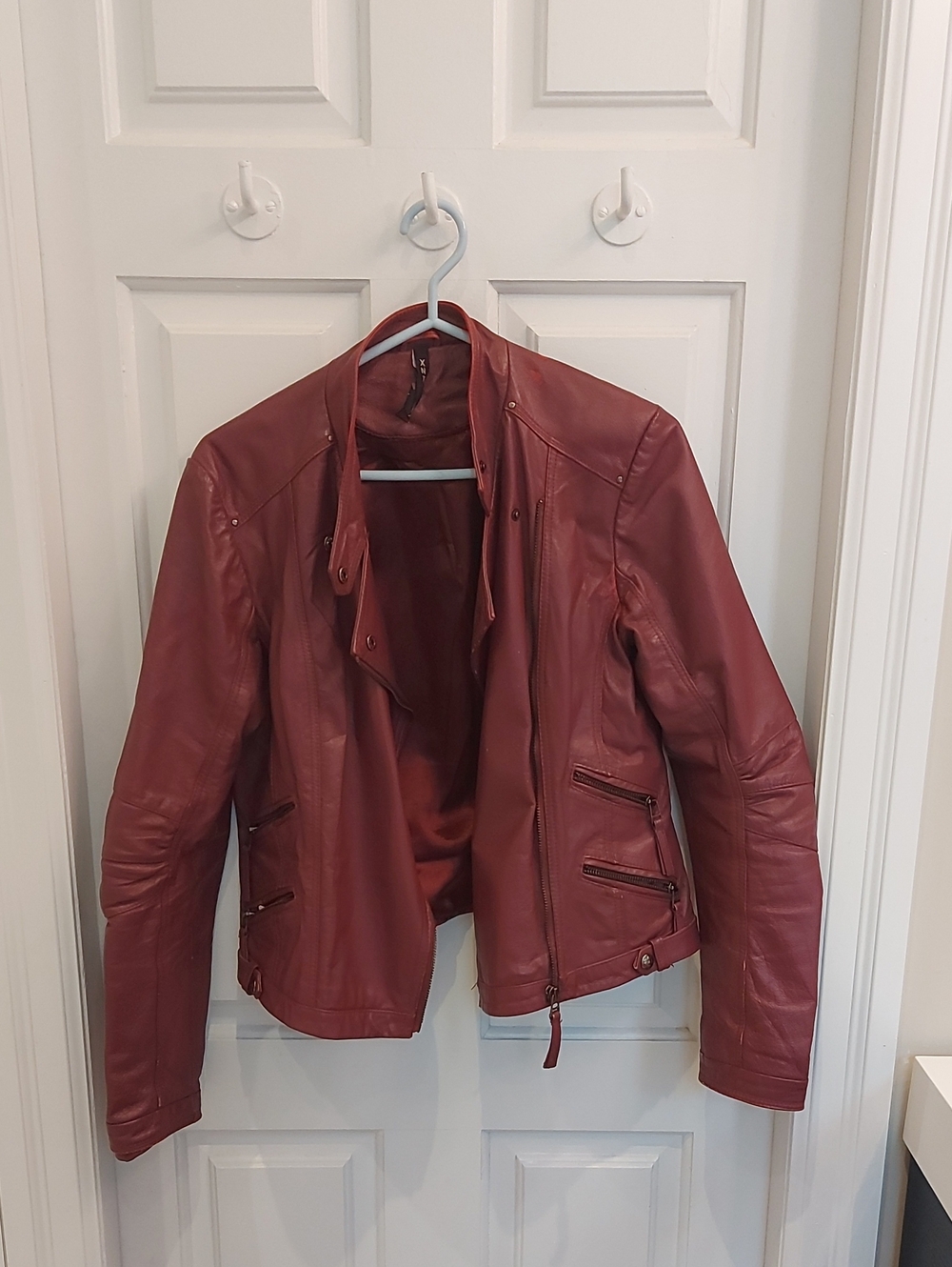Women's Burgundy Leather Moto Jacket with Zip Accents